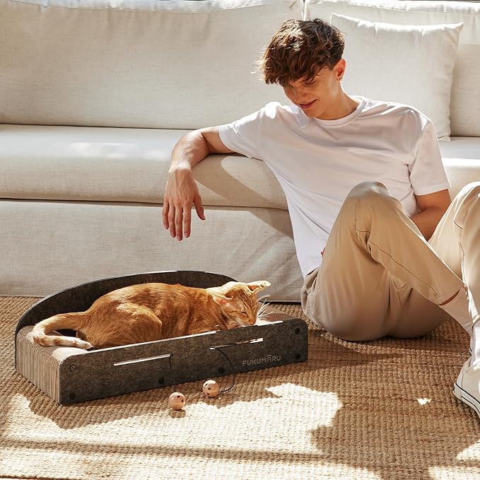 FUKUMARU 26 Inch Cat Scratcher Bed, 2 Reversible Cardboard Cat Scratch Pads Refill for Indoor Cats, Durable Large Cats Scratching Bed Sofa Couch Lounger with Fun Toys, Furniture Protector, Grey