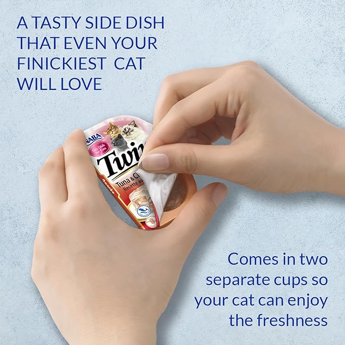 INABA Twins for Cats, Grain-Free Shredded Chicken & Broth Gel Side Dish/Complement/Topper Cups, 1.23 Ounces per Serving, 14.76 Ounces, Tuna & Chicken with Scallop Recipe,Total Servings (Pack of 24)
