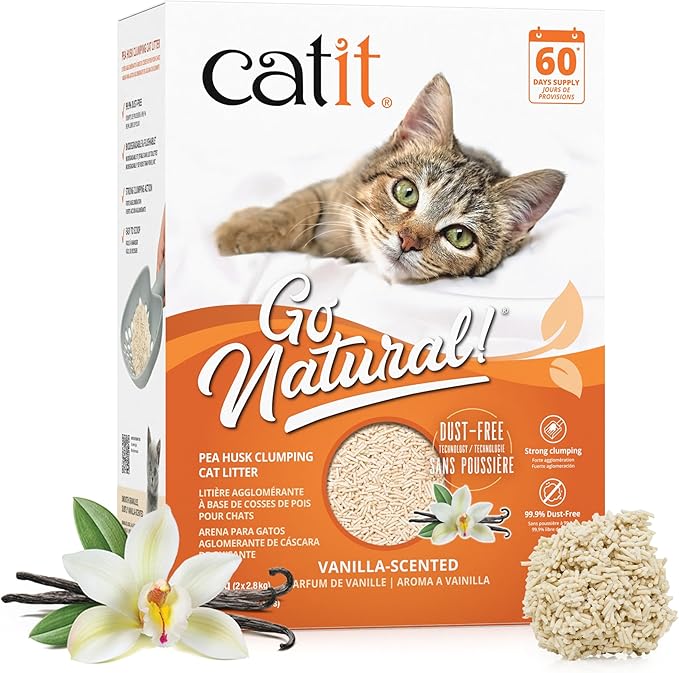 Catit - Go Natural Pea Husk Clumping Cat Litter - Dust Free, Easy Cleaning & Scooping, Flushable Kitty Litter with Odor Control & Subtle Fragrance - 12.3 Lbs, Vanilla Scented