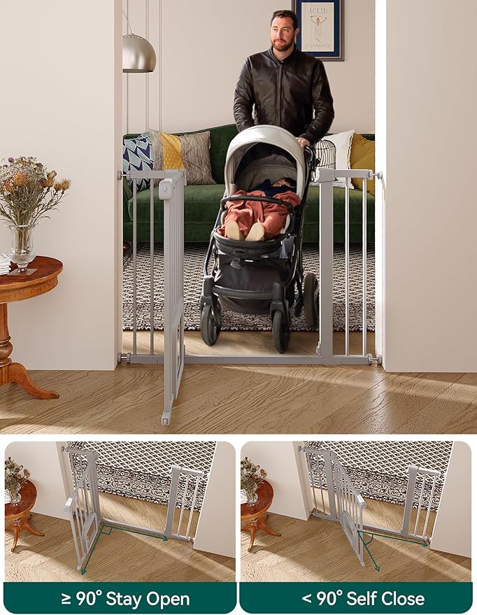Babelio 29-48" Extra Wide Baby Gate with Adjustable Cat Door,Easy Install Pressure/Hardware Mounted,Auto Close Pet door for Stairs,House,Doorways,Effortless Walk Thru,Gray