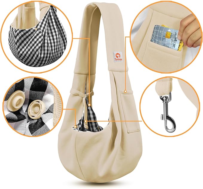 Tomkas Small Dog Sling Carrier - Classic Pocket & Classic Strap - for 3-10 lbs Pets(Cream)