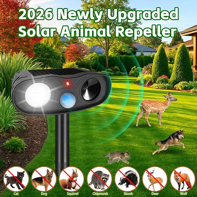 Solar Ultrasonic Animal Repeller Racoon Sonic Fortress Pro Cat Repellent Outdoor, Dog Repellent for Yard with Motion Sensor&Flash Light to Scare Deer Rabbit Coyote Squirrel Out of Garden Farm(4Pack)