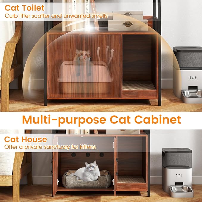 PETSITE Cat Litter Box Enclosure with Storage Shelves, 52 Inches Tall Hidden Litter Box with Charging Station, Scratching Board, and Winding Entry (Walnut)