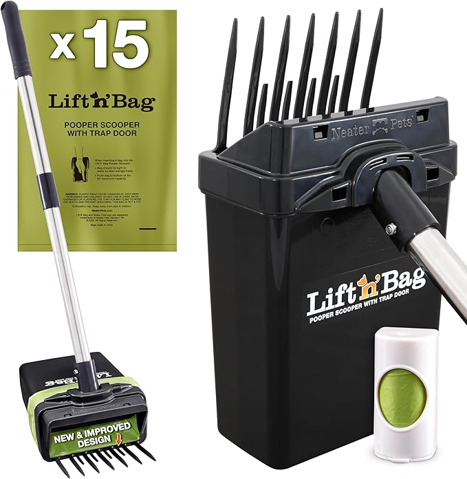 Neater Pet Brands Lift N’ Bag 2.0 Dog Pooper Scooper with Bag Attachment & 22" Pole for Small to Large Dogs, New & Improved Design, 15 Refill Bags, Heavy Duty Dog Poop Scooper for Yard, One-Hand Use