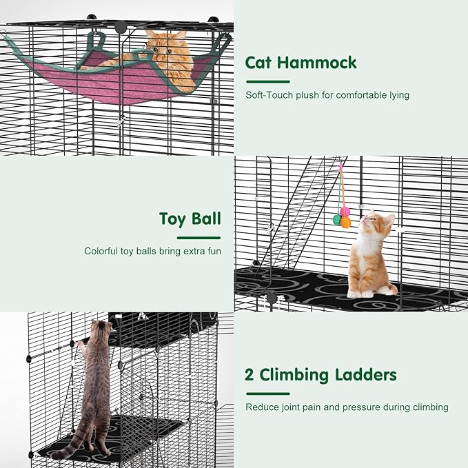 3-Tier Cat Cage, Indoor Cat Enclosures with Hammock Toy Bal Ladders, DIY Cat Playpen Detachable Metal Wire Kennels Kitten Crate Cats House Large Exercise Place for 1-2 Cats/Kitten, 42"x14"x42"