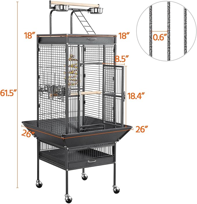 Yaheetech 61.5-inch Wrought Iron Rolling Large Parrot Bird Cage for Parakeets with Play Top