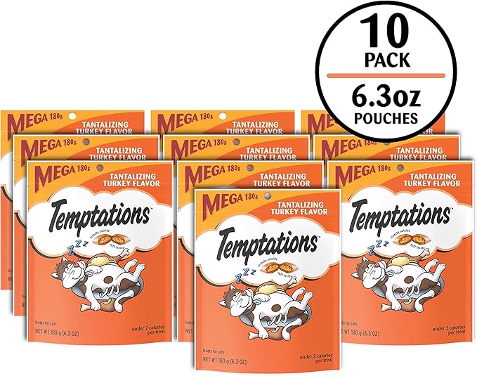 Temptations Cat Treats, Classic Crunchy and Soft Cat Treats, Tantalizing Turkey Flavor, 6.3 oz. Pouch (Pack of 10)