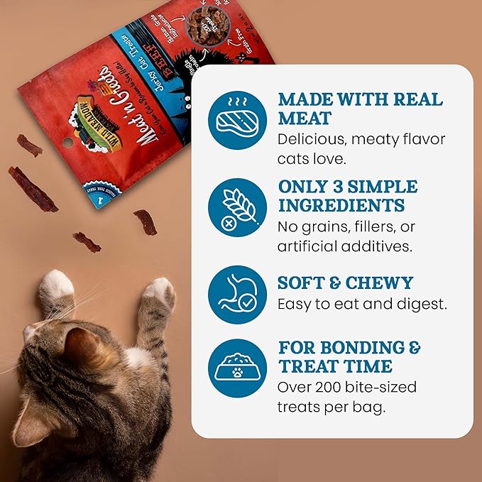 Wild Meadow Farms - Cat Treats - Meat 'N Greets - Soft Jerky Treats with Real Meat, High Protein, Grain-Free, Perfect for Training & Rewarding, All Natural Snacks for Cats - Beef Flavor