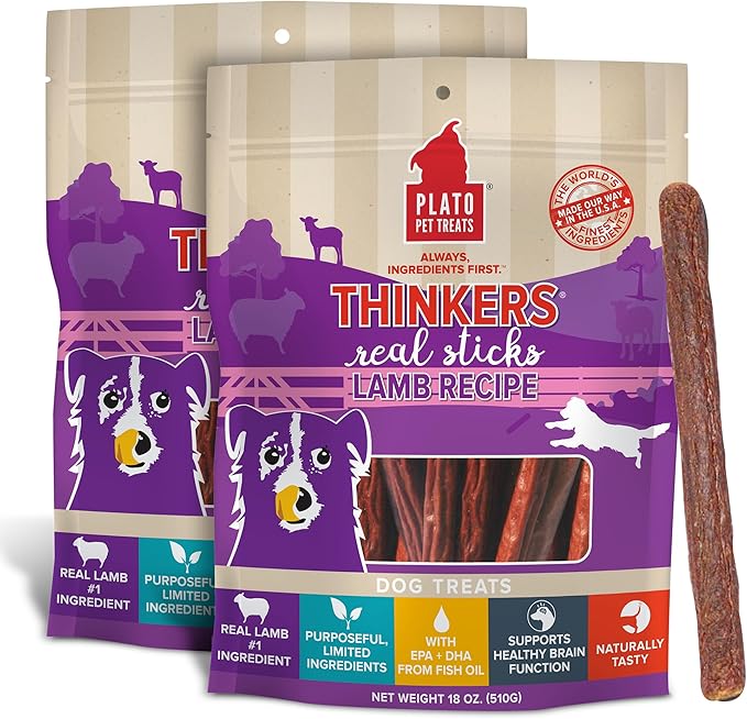 PLATO Pet Treats Thinkers - Meat Stick Treats for Dogs - Limited Ingredient Dog Treats with EPA and DHA to Support Skin, Coat, and Brain - Air-Dried Dog Treats - Thinkers Lamb 18oz - 2 Pack