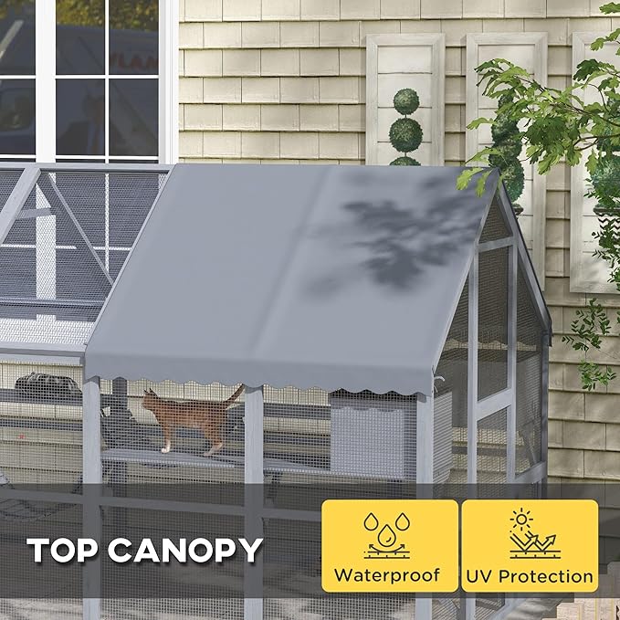 PawHut 110" L Large Catio Outdoor Cat Enclosure for Multiple Kittens, 56 sq.ft Wooden Cat House with Waterproof Cover, Walk in Kitty Cage Kennel with 2 Condos, 6 Platforms, Bridge, Doors, Gray