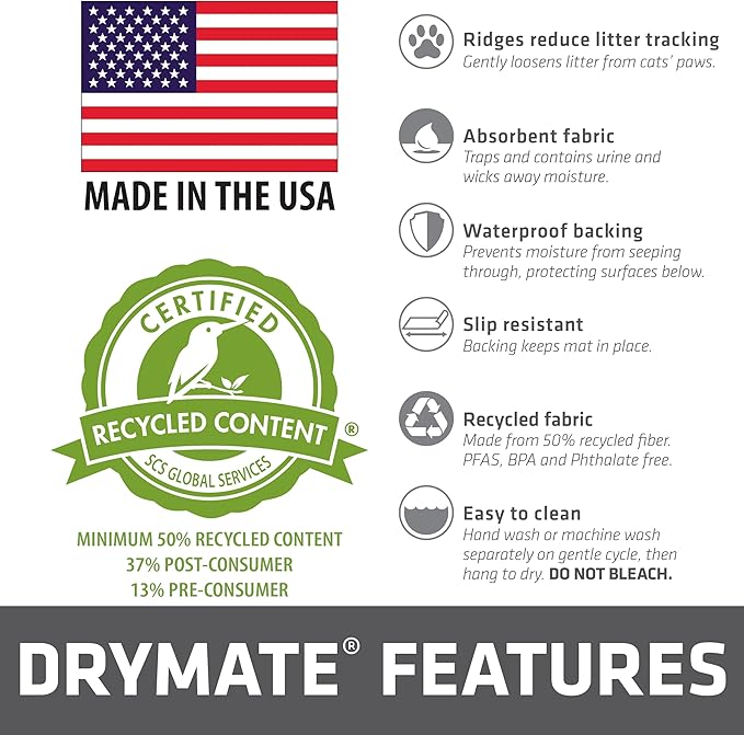 Drymate Cat Litter Box Mat, Litter Trapping Mat, Waterproof, Urine-Proof, Absorbent, Machine Washable, Soft on Paws, Contains Mess, Protects Floors, Kitten Supplies, Grey, 20x28