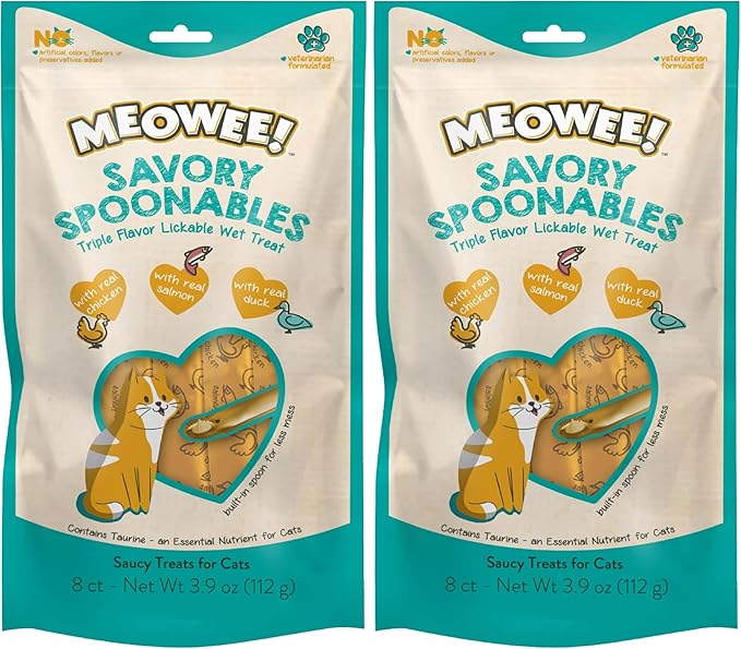 Savory Spoonables with Real Chicken, Salmon and Duck for Cats, 8 Count, Treat Your Cat to Triple Flavor Squeezable Lickable Wet Treats with Built-in Spoon for Less Mess (Pack of 2)