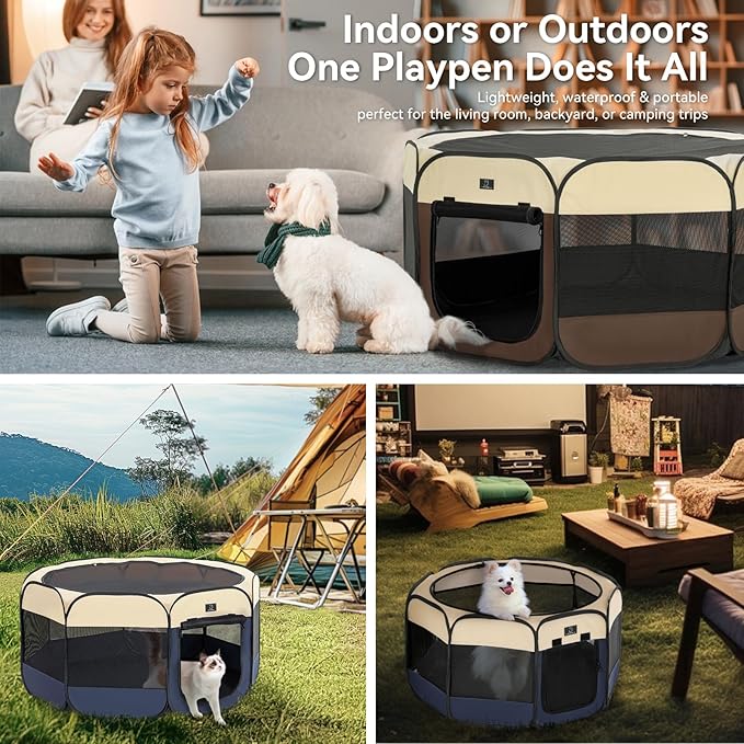 Portable Indoor Dog Playpen for Small Dogs & Puppies by A 4 Pet – 50.39" Pop-Up Soft Puppy Playpens with Bowl, Waterproof Floor, Calm Safe Space for Home, Travel & Daily Use