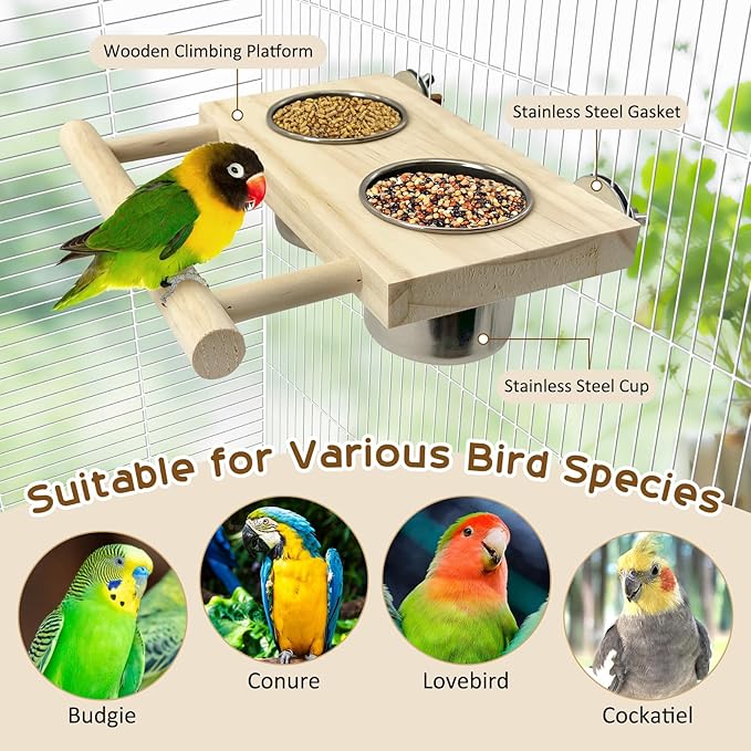 Tfwadmx Bird Feeding Dish Cups with Wooden Platform Hanging Stainless Steel Parrot Cage Feeder Bowl Wood Perch Stand for Parakeet Cockatiels Lovebirds Budgie (Small)