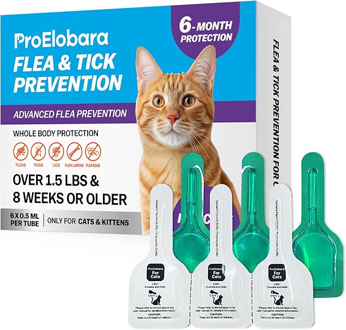 Topical Flea and Tick for Cats & Kittens: Waterproof Topical Cat Flea and Tick – Fast-Acting & Long - Lasting at Home Control for Cats Over 1.5 lbs and 8 Weeks or Older – 6-Dose Supply