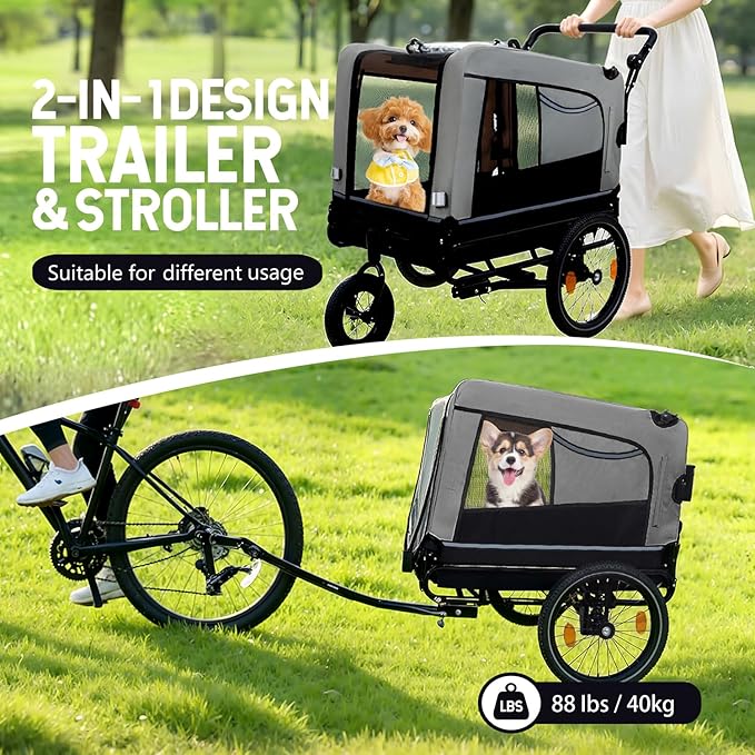 Extra Large Dog Bike Trailer, 2-in-1 Convertible Pet Stroller Cart Bicycle Carrier with Swivel Wheels & Universal Hitch, Foldable Pet/Cargo Carrier for Bicycles Camping Hiking