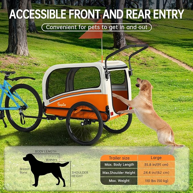 Sepnine Dog Bike Trailer, Supports up to 110 lbs, 2-in-1 Pet Stroller Cart Bicycle Carrier, Easy Folding Cart Frame with Quick Release Wheels, Universal Bicycle Coupler, Non-Slip Floor, Internal Leash
