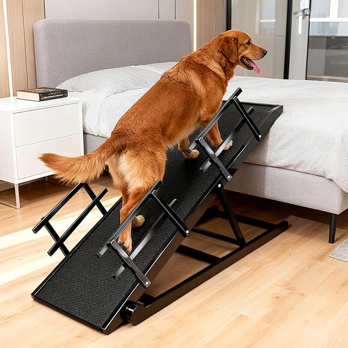 CypherX Dog Ramp for Couch or Bed, 18" W Folding Wooden Pet Ramp with Anti-Slip Rubber Mat & 3 Removable Safety Side Rails, 6 Adjustable Height from 17" to 29" for Small & Large Dogs & Cats