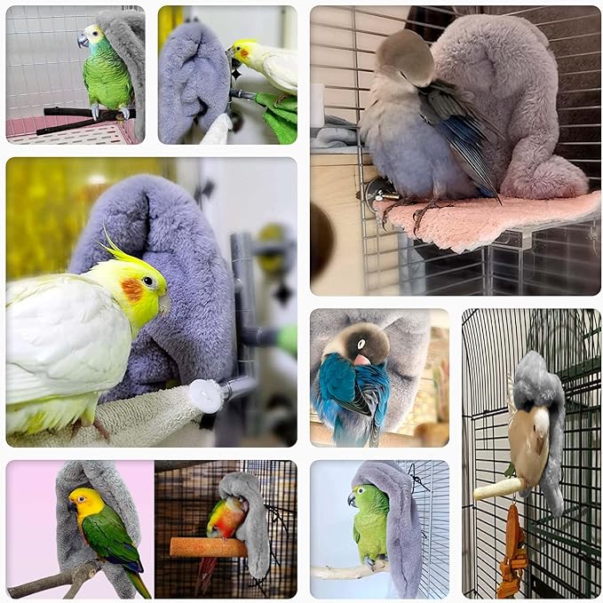 SIMENA Bird Blanket for Cage, Corner Fleece Bed for Birds, Cozy Bird Warmer, Parrot House for Cage, Cuddle Nest Hanging Toy for Lovebirds Parakeet (Grey, Small)