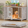 Easycom Foldable Large Dog Crate Furniture, 41.3" Assembly-Free Dog Crates for Large Dogs, Decorative Wooden Dog Kennel Indoor with Tag & Dog Bowls, Dog Cage Use as TV Stand, White & Beech