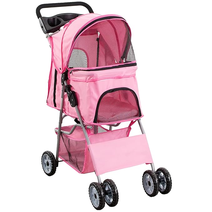 VIVO Pink 4 Wheel Pet Stroller for Cat, Dog and More, Foldable Carrier Strolling Cart, STROLR-V001N