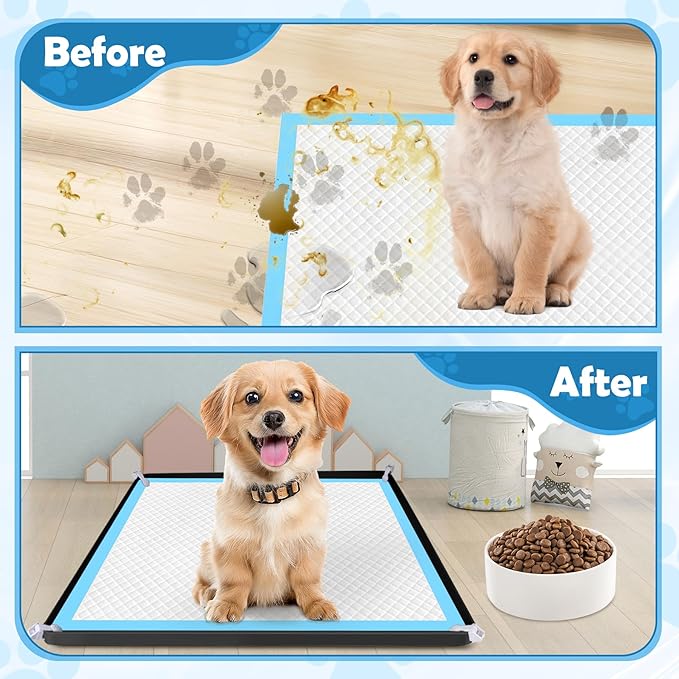 Dog Pee Pad Holder, Dog Potty Tray Silicone Puppy Pad Holder Tray Fits for 24" x 24" Training Pads, Puppy Potty Tray With 4 Clamps and No Spill Raised Lip High Edge for Indoor Floor Protection (Black)