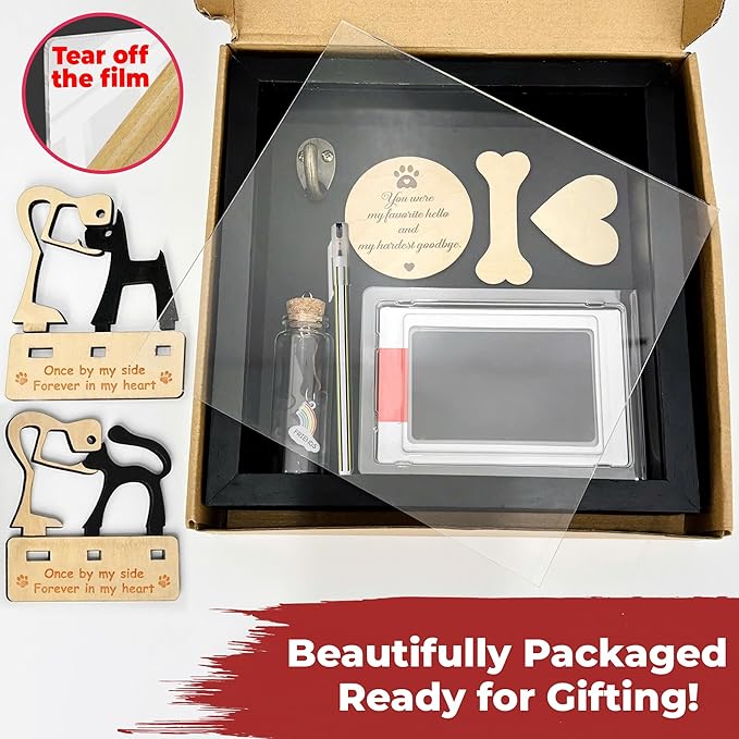 8.6'' Pet Memorial Gift Shadow Box Black Collar Holder Picture Frame Pet Paw Ink Kit Dog Wooden Sculpture Bottle Rainbow Pet Hair Keepsake Gift Loss of Dog Cat Tabletop Wall Hanging PSD-4B
