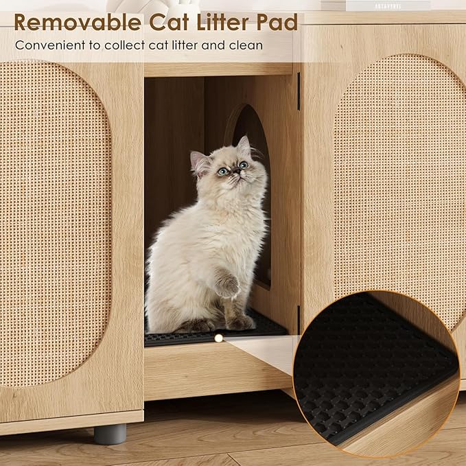 GarveeHome Large Cat Litter Box Enclosure Furniture, 55.1" Double Litter Cabinet for Two Cats with Hidden Design, Rattan Door Cat Box House with Storage, Wood, Rattan Door