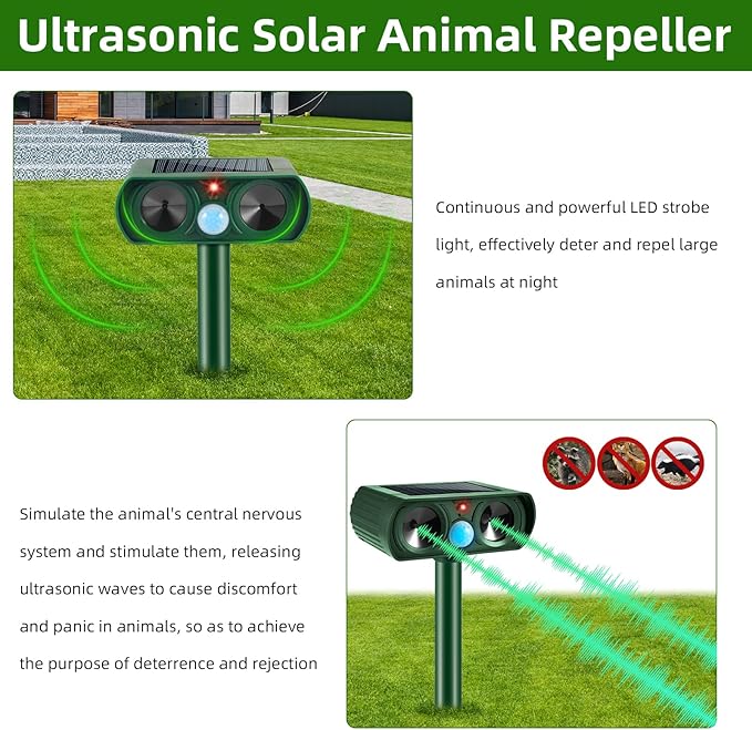 2026 Upgraded Solar Ultrasonic Animal Repellent Cat Deterrent Outdoor Deer Repellent Devices Motion Detection,Waterproof Squirrel Skunk Raccoon Dog Rabbit Deterrent for Garden Yard,2 Pack