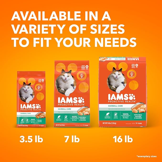 IAMS Proactive Health Dry Cat Food Hairball Care, Adult Cat Food, with Real Chicken and Salmon, 7 lb. Bag