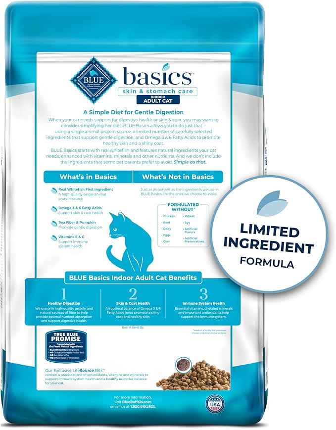 Blue Buffalo Basics Grain-Free Dry Cat Food, Skin & Stomach Care, Limited Ingredient Diet for Indoor Cats, Fish & Potato Recipe, 11-lb Bag