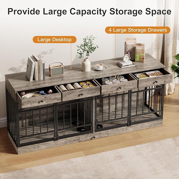 GAOMON Dog Crate Furniture for 2 Dogs, 78.7'' Large Dog Kennel Indoor with 4 Storage Drawers and Feeding Bowls, Double Dog Crate TV Stand for Small and Medium Dogs, Gray