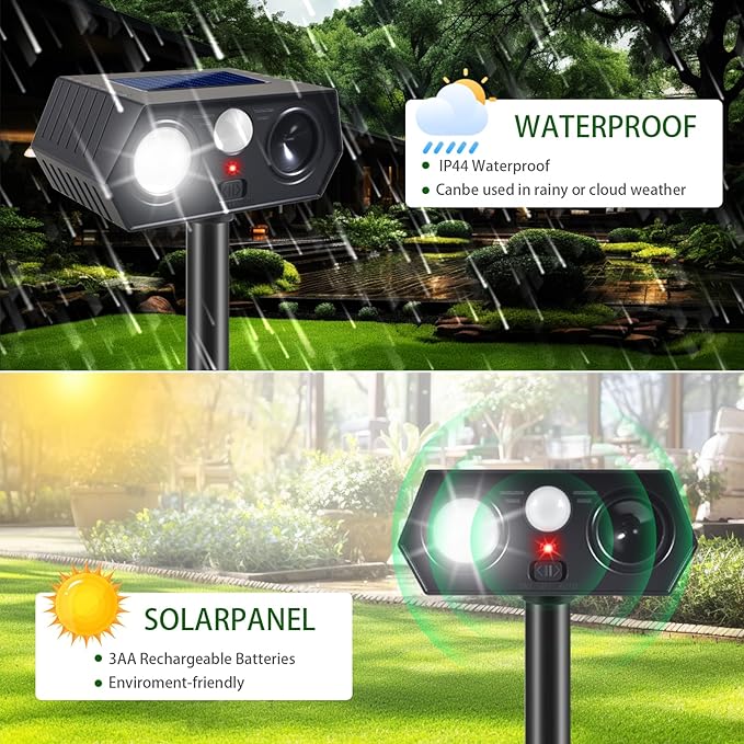 2026 Solar Ultrasonic Animal Repellent Outdoor, Deer Cat & Dog Deterrent, Motion Sensor Rabbit Squirrel Raccoon Skunk Repeller with LED Flash for Yard, Solar Scare Devices (4 Pack)