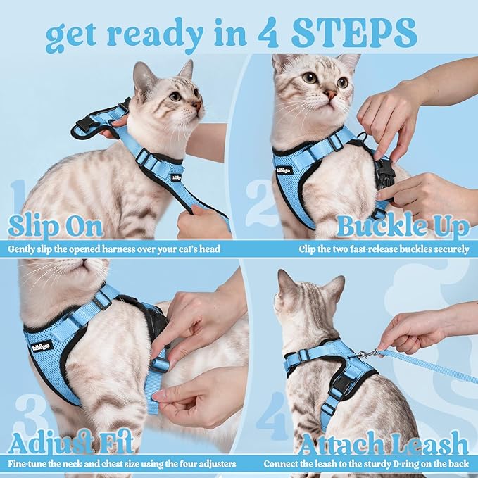 rabbitgoo Cat Harness and Leash for Walking, Escape Proof Soft Adjustable Vest Harnesses for Cats, Easy Control Breathable Reflective Strips Jacket, Light Blue, S