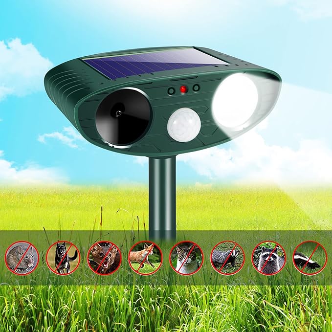 Upgraded Solar Animal Repellent Ultrasonic Animal Repeller Outdoor Deer Repellent Devices Waterproof with Motion Detection Cat Deterrent Dog Rabbit Raccoon Squirrel Skunk Repellent for Yard Garden