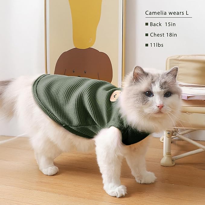 Waffle Knit Cat & Dog T Shirt for Small Dogs, Stretchable Puppy Shirt for Sphynx Cats & Small Breeds, Pet Clothes | Breathable Summer/Winter Apparel for Newborn(Green Small)