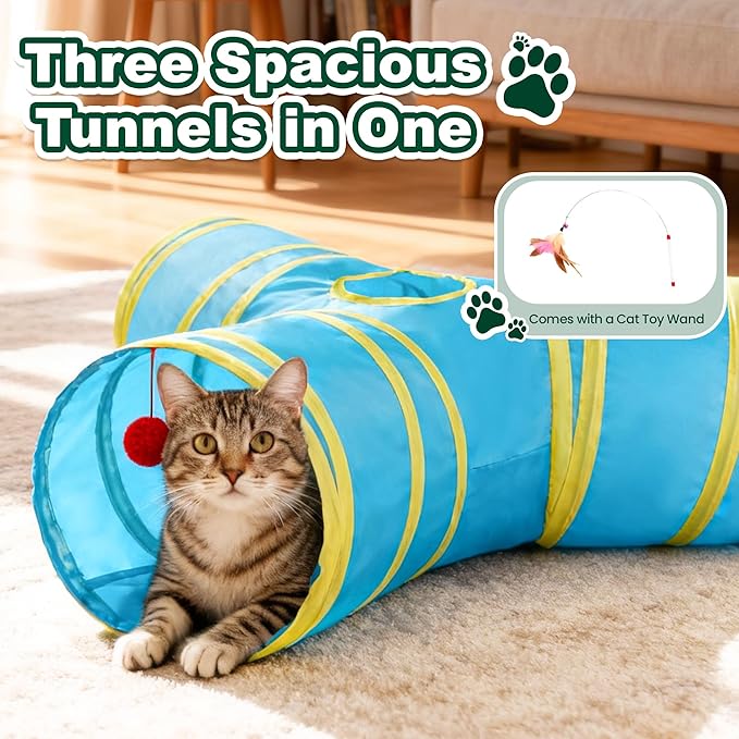 Love’s Cabin Cat Tunnel for Indoor Cats, 3-Way Collapsible Play Tunnel with Teaser Wand, Peek Holes & Toy Ball, Small Pet Toy for Kittens & Rabbits, Blue & Yellow, Small Size