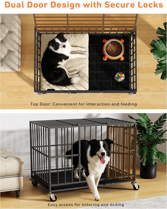 42 inch Heavy Duty Dog Crate with Dual Doors and Lockable Wheels, Large Dog Kennel Indoor, Removable Tray for Easy Cleaning, Dog Cage for Medium to Large Breeds and Anxious Dogs