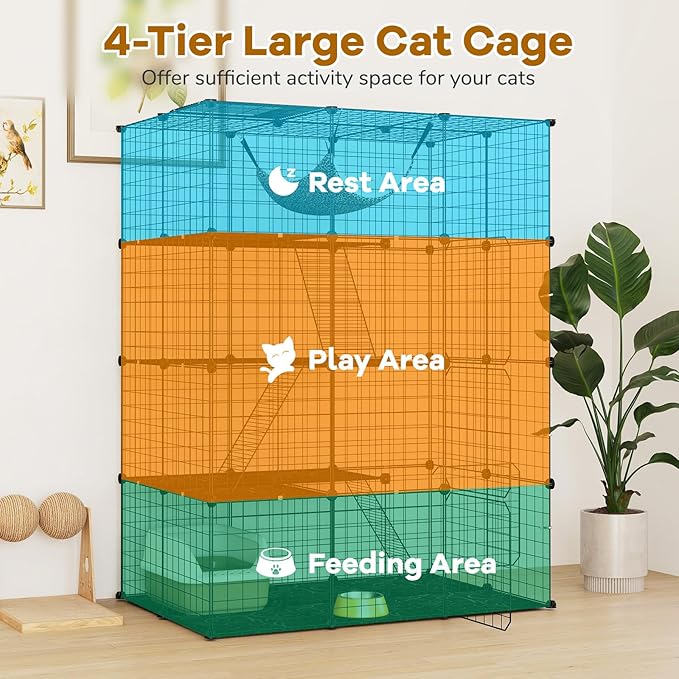 PETSITE 4-Tier Cat Cages Indoor, Metal Wire Cat Enclosure with Extra Large Hammock, 3 Ladders, and 4 Lockable Doors, Detachable Indoor Cat Catio Kennel for 1-4 Cats Kitten, Anti-toppling Kits Included