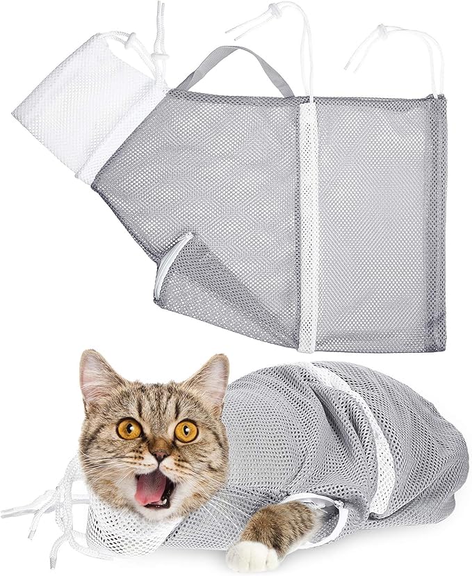 Cat Shower Net Bag Grooming Bathing Adjustable Washing Bag Multifunctional Cat Restraint Accessories Prevent Biting Scratching, Nail Trimming, Ears Clean, Keeping Calm(Grey)
