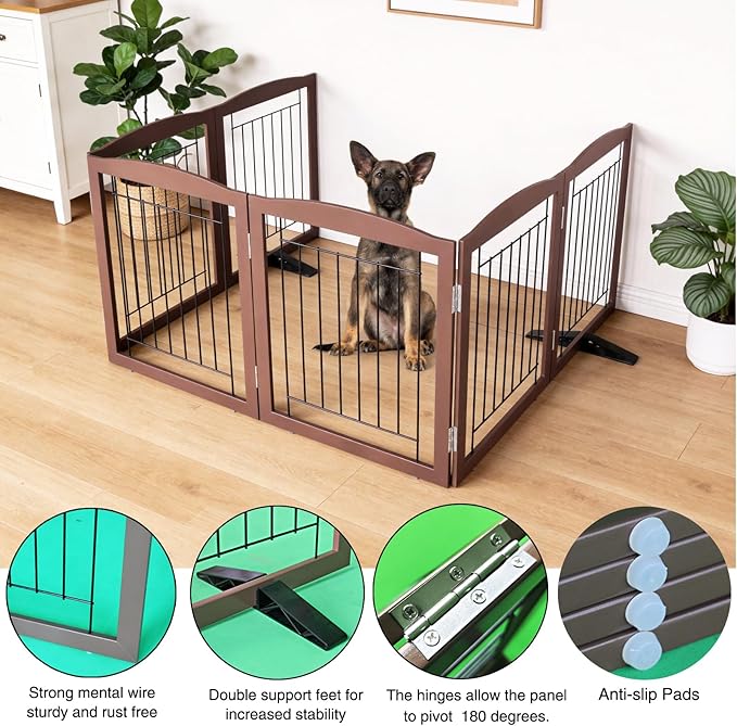 ZJSF Freestanding Dog Fence Indoor, Foldable Dog Gate for Doorways, Stairs or Hallways, Sturdy Wood Extra Wide Pet Gate with Support Feet for The House, Brown, 24 "Height-6 Panels