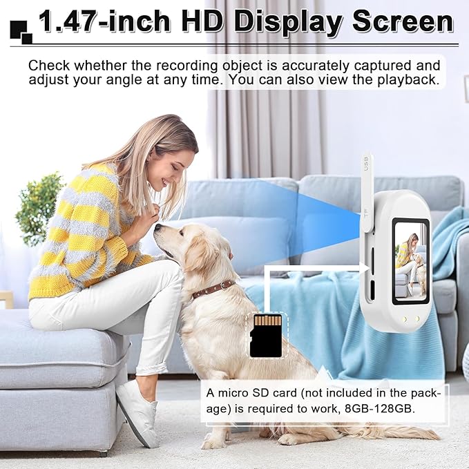 Thumb Body Cam 1080P HD Video Recorder Pet Camera Collar with Wireless Charging Dock – Mini Action Sports Cam, Motion Detection 1.47'' Screen Magnetic Mount Small POV Camcorder for Dogs & Cats