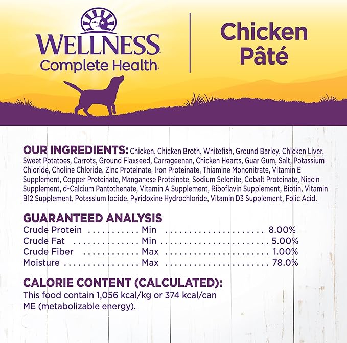 Wellness Complete Health Pate Adult Canned Wet Dog Food, Wholesome Grains, Natural, Chicken and Sweet Potato, 12.5 oz, Pack of 12 Cans
