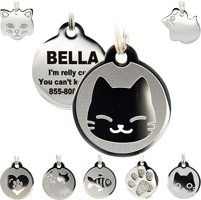 Stainless Steel Cat ID Tags - Engraved Personalized Cat Tags Includes up to 4 Lines of Text with Kitty Face Shape