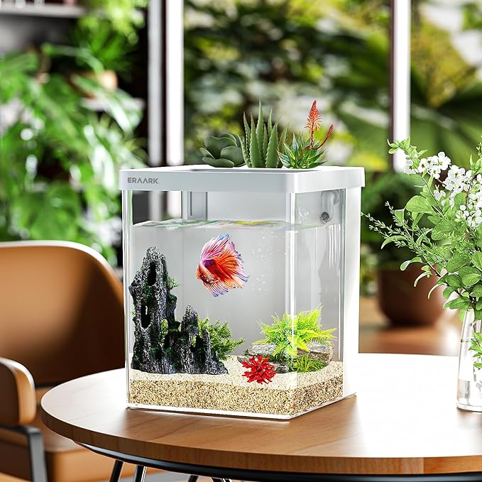 Smart Betta Fish Tank 1.5 Gallon Aquarium with Filter LED Light, Water Pump, Fish Bowl (White)