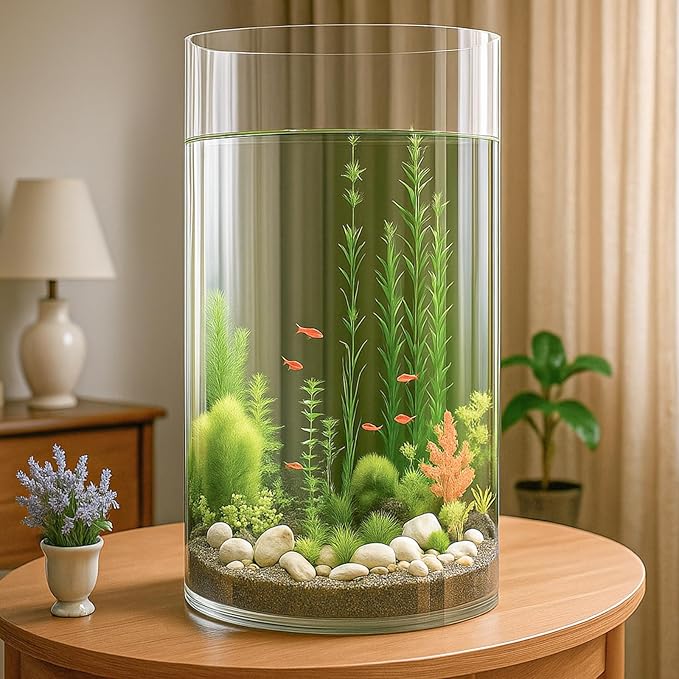 Maxdot 3.2 Gallon Cylindrical Glass Fish Tank Solid Base, 360° Full View Desktop Aquarium Starter, Easy to Maintain Small Microfauna for Betta Snails Shrimp Aquatic Planting and Small Plant Terrarium