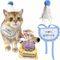 Cute Pet Birthday Costume Bandana Scarf Bib and Hat Set for Cat Small Dog, Cat Birthday Decorations Outfits (Blue)