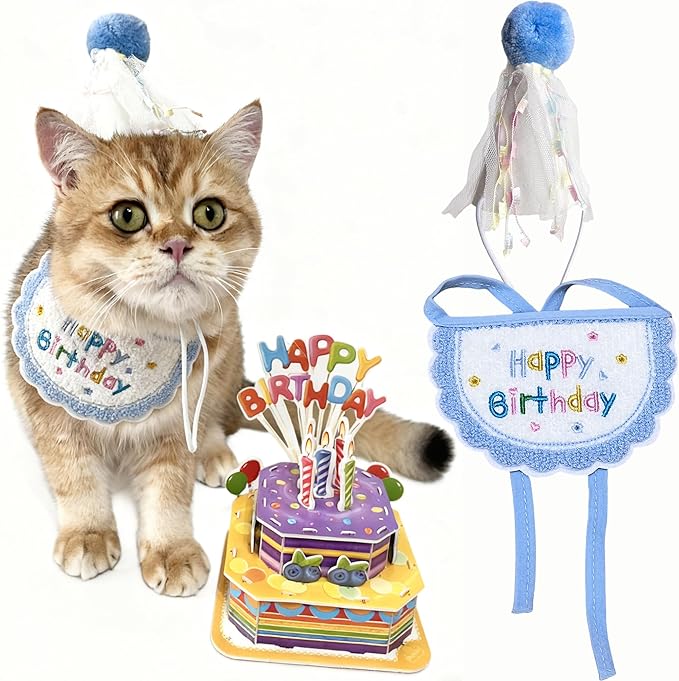 Cute Pet Birthday Costume Bandana Scarf Bib and Hat Set for Cat Small Dog, Cat Birthday Decorations Outfits (Blue)