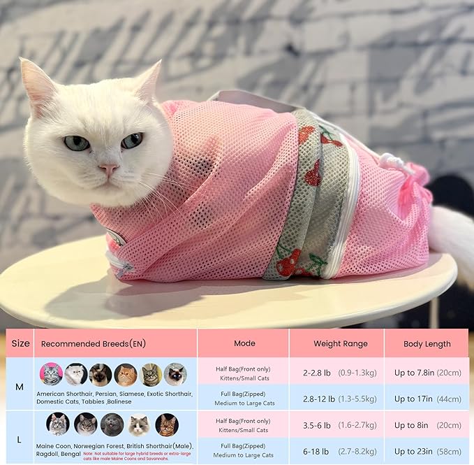 Cinf Cat Bathing Bag, Breathable Mesh Anti Scratch Adjustable Cat Grooming Bag for Nail Trimming, Bathing Soft Cat Washing Bag(Pink&Cherry) M