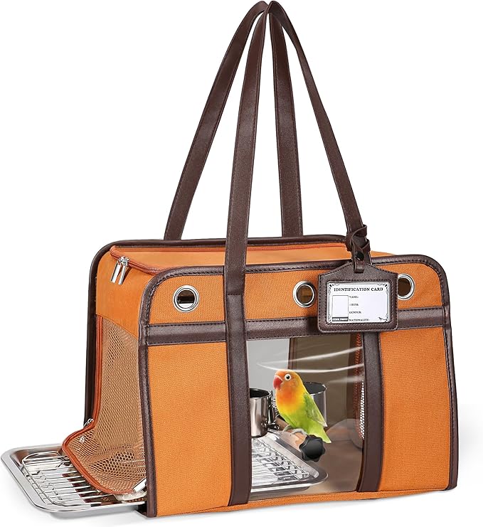 Sanmoncare Stylish Bird Carrier with PU Leather Handle, Portable Parrot Travel Bag for Cockatiels & Conures, Lightweight Bird Cage with Stainless Steel Tray & Side Door for Easy Cleaning, Brown